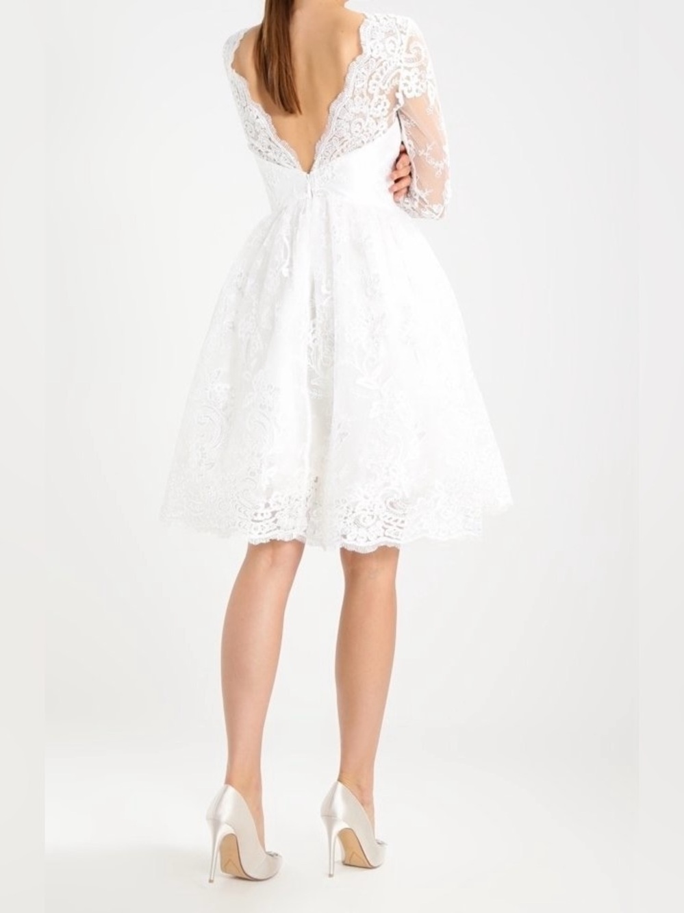 Bridal Sweetheart Neckline Woven Floral Embroidery Tea-Length Wedding Midi Dress - Picture 5 of 16